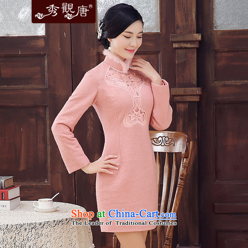 [Sau Kwun Tong Leung Ying] 2015 Fall/Winter Collections new rabbit hair for retro improved long-sleeved qipao wool?   skirt pink M Soo-Kwun Tong shopping on the Internet has been pressed.
