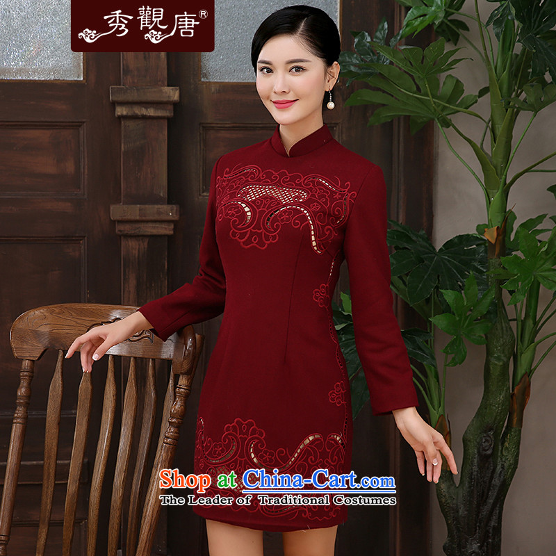 [Sau Kwun Tong] incense land 2015 winter new engraving carved retro improved long-sleeved wool stylish cheongsam dress? wine red XL, Sau Kwun Tong shopping on the Internet has been pressed.