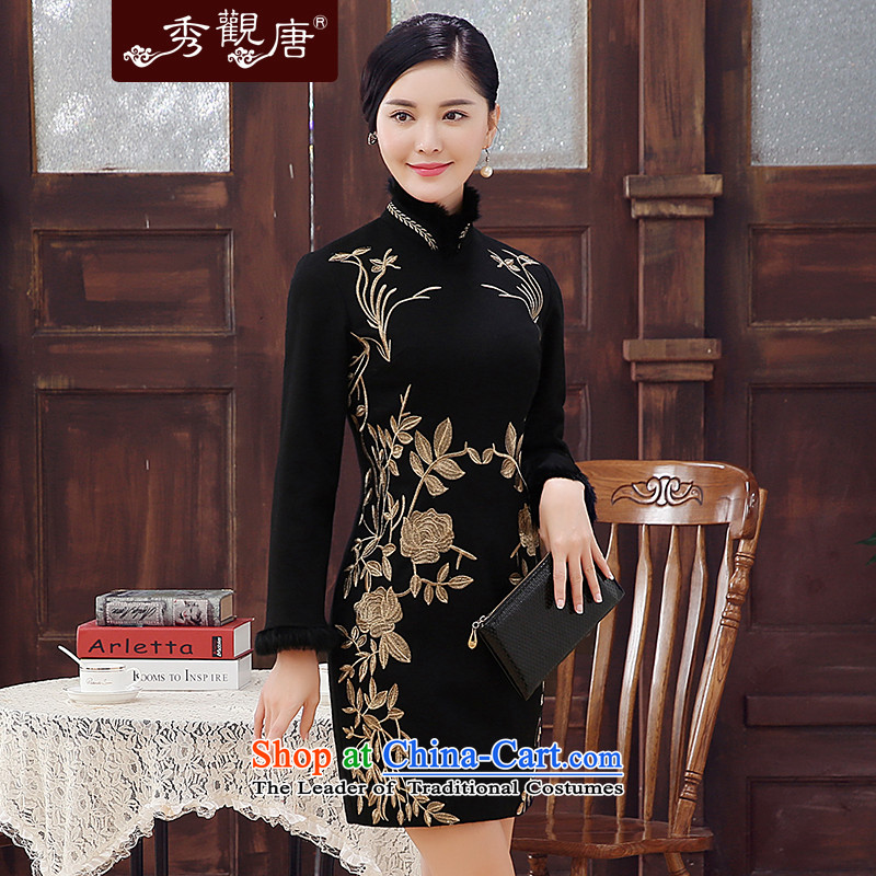 [Sau Kwun Tong] Kim Sang-chan 2015 winter clothing new embroidery wool rabbit hair? for improved long-sleeved qipao warm Black XL, Soo-view skirt Tang , , , shopping on the Internet