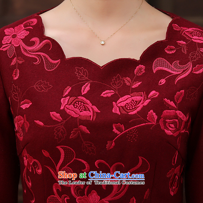 [Sau Kwun Tong] Che Cayman 2015 Fall/Winter Collections New elegant embroidery? improved long-sleeved stylish gross cheongsam dress wine red S, Sau Kwun Tong shopping on the Internet has been pressed.