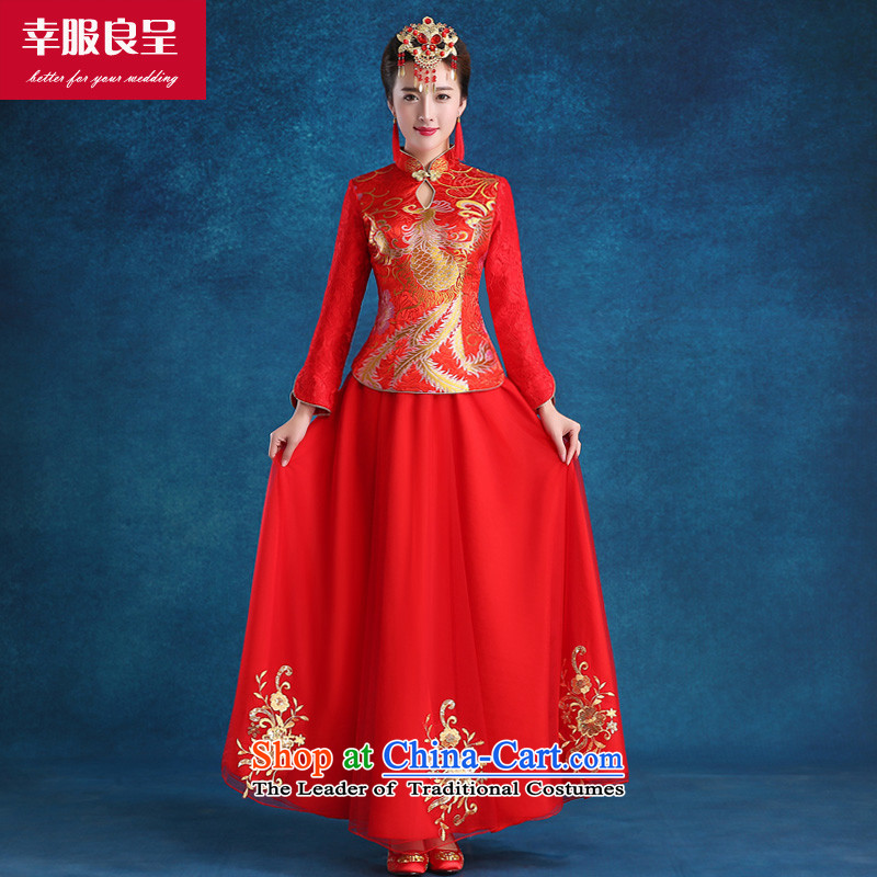 The privilege of serving the bride-leung wedding dress bows to the new 2015 qipao autumn and winter traditional red wedding dress female long-sleeved?M