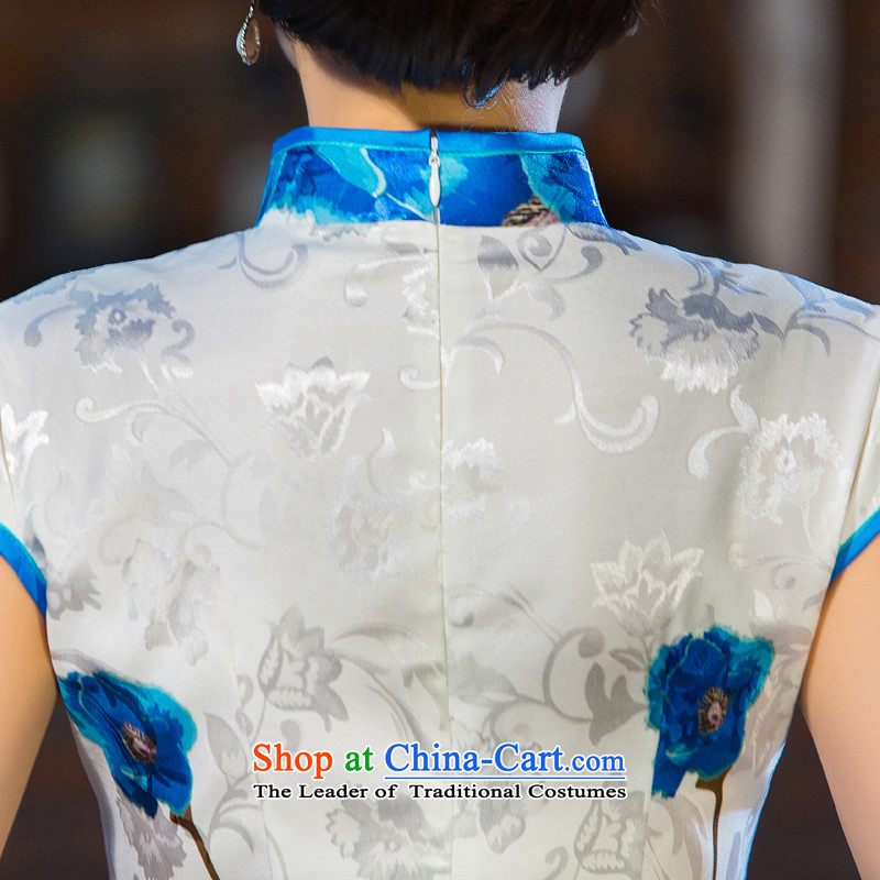 Time the  new 2015 Syria qipao new retro short-sleeved improved stylish stamp daily cheongsam dress short blue qipao XL, Syria has been pressed time shopping on the Internet