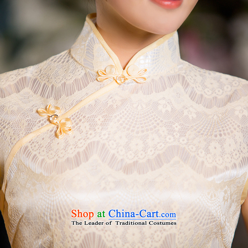 Time the  new 2015 Syria cheongsam Silk flower buds fabric stylish champagne color improved qipao fall short qipao Chinese Robes retro champagne color L, Syria has been pressed time shopping on the Internet