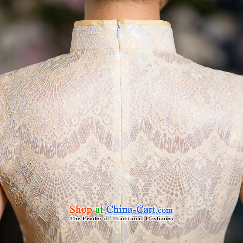 Time the  new 2015 Syria cheongsam Silk flower buds fabric stylish champagne color improved qipao fall short qipao Chinese Robes retro champagne color L, Syria has been pressed time shopping on the Internet