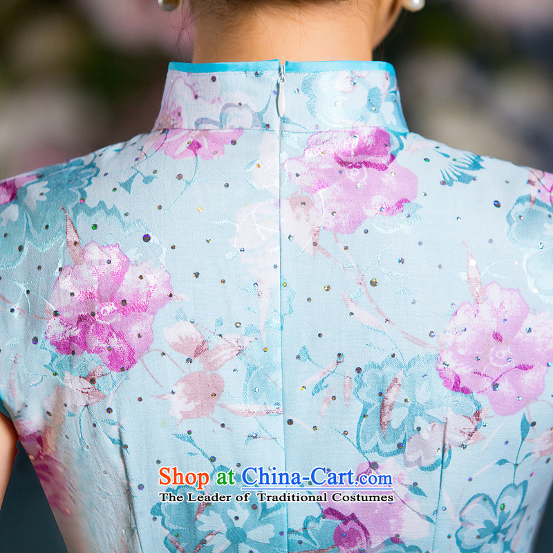 Time the new Syrian cheongsam dress ladies, blue floral improved Stylish retro thin of daily short of Qipao Female dress photo color S time Syrian shopping on the Internet has been pressed.