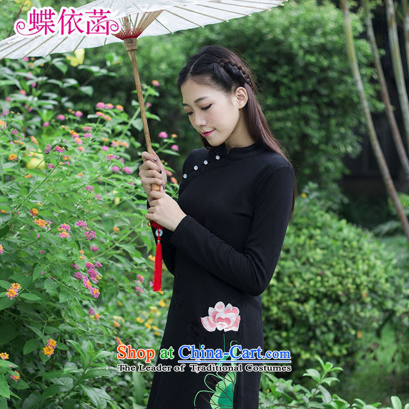 In accordance with the basis of embroidery butterfly retro national long-sleeved wind Sau San dresses autumn and winter, forming the improvement of women's clothes skirt cheongsam dress according to the basis of Black XL, Butterfly Shopping on the Interne