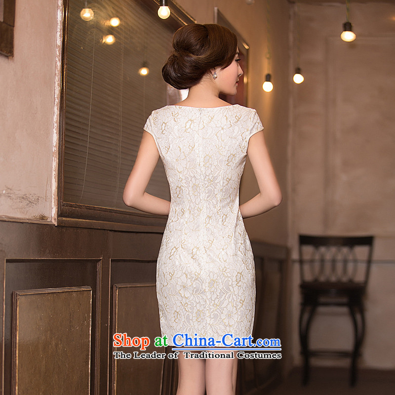 Time  of daily new 2015 Syria improved short of qipao short-sleeved round-neck collar stylish Chinese Dress Short qipao champagne color L, Syria has been pressed time shopping on the Internet