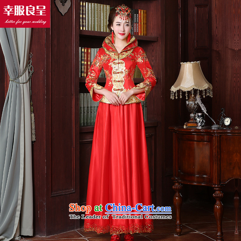 The privilege of serving the bride-leung replacing bows to red autumn 2015 new cheongsam dress Chinese wedding dress improved large stylish wedding dress 9 sleeve length dress?2XL