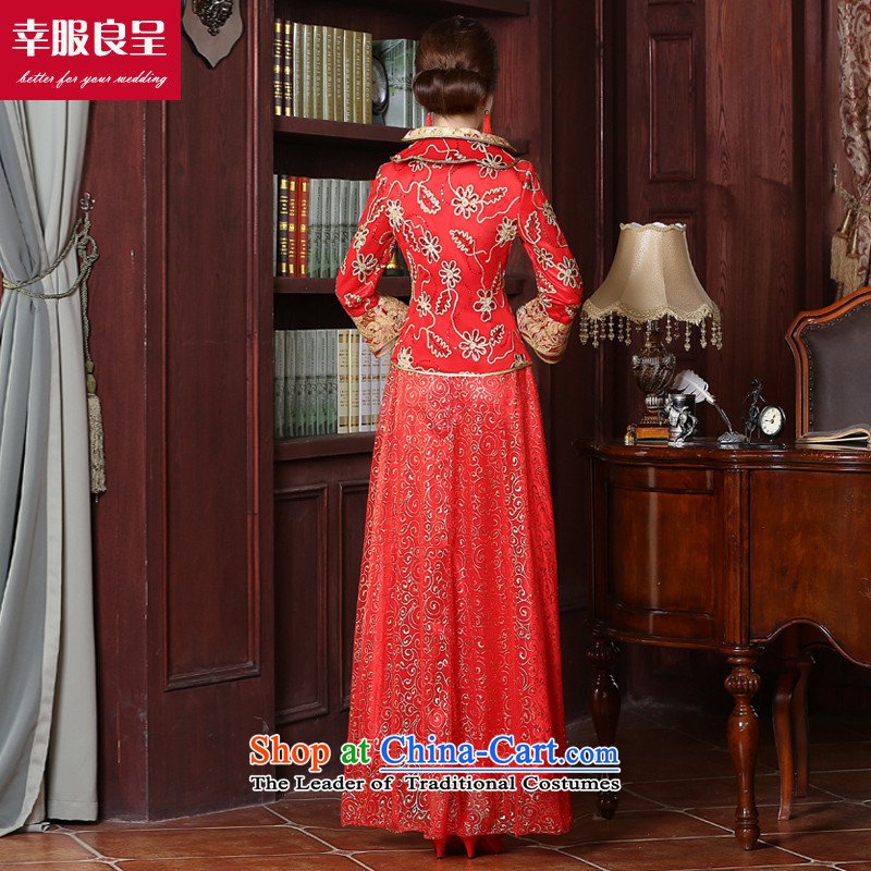 The privilege of serving-leung wedding dress qipao 2015 Fall/Winter Collections new bride bows long service improvement Chinese long-sleeved wedding gown of 9 to Red Sleeve length skirts XL, a print service-leung , , , shopping on the Internet