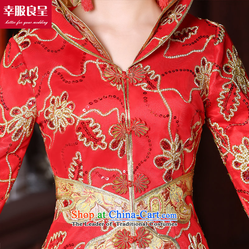The privilege of serving-leung wedding dress qipao 2015 Fall/Winter Collections new bride bows long service improvement Chinese long-sleeved wedding gown of 9 to Red Sleeve length skirts XL, a print service-leung , , , shopping on the Internet