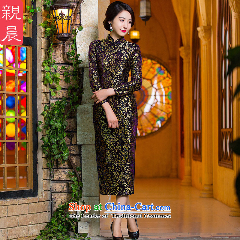 Gold velour robes Fall_Winter Collections of Sau San lace long-sleeved stylish improved golden phoenix daily antique dresses purple?XL