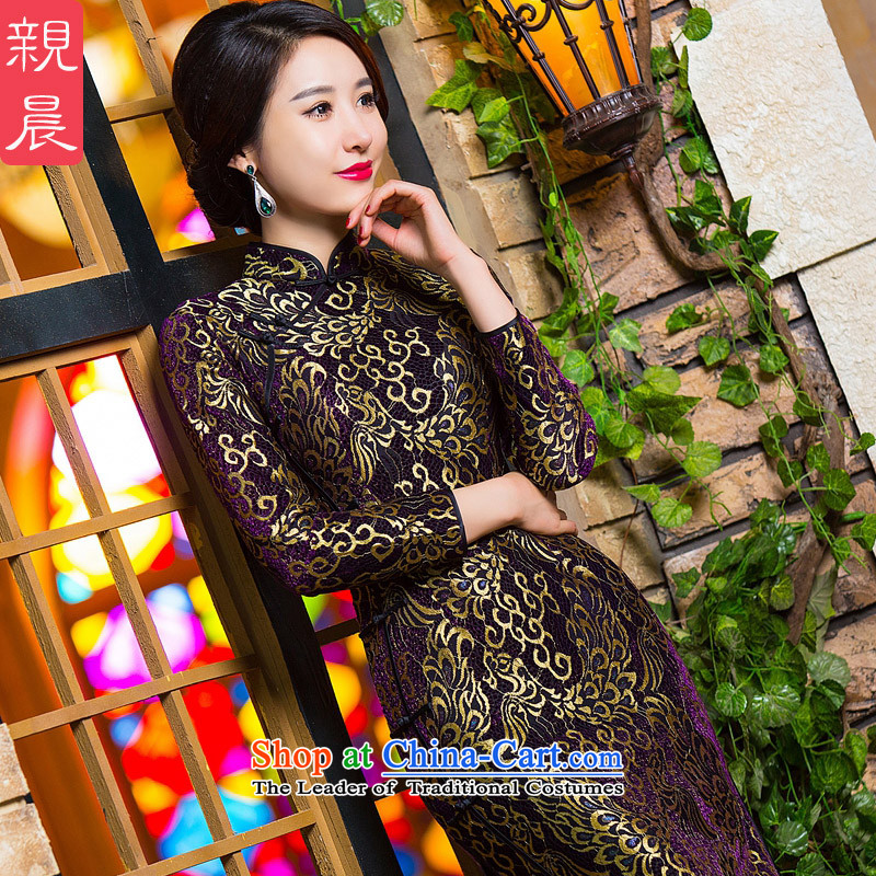 Gold velour robes Fall/Winter Collections of Sau San lace long-sleeved stylish improved golden phoenix daily antique dresses purple XL, pro-am , , , shopping on the Internet