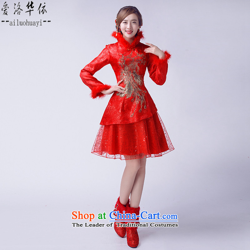 Toasting champagne marriage services 2015 new bride short of winter cheongsam dress red plus improved long-sleeved cotton Retro night decorated in video bride thin collar Chinese wedding dress RED?M