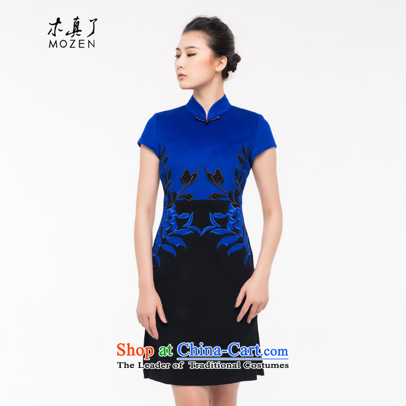 The Sau San antique wooden really cashmere qipao 2015 autumn and winter new collision color stitching gross dresses? female 43261 10 Deep Blue M