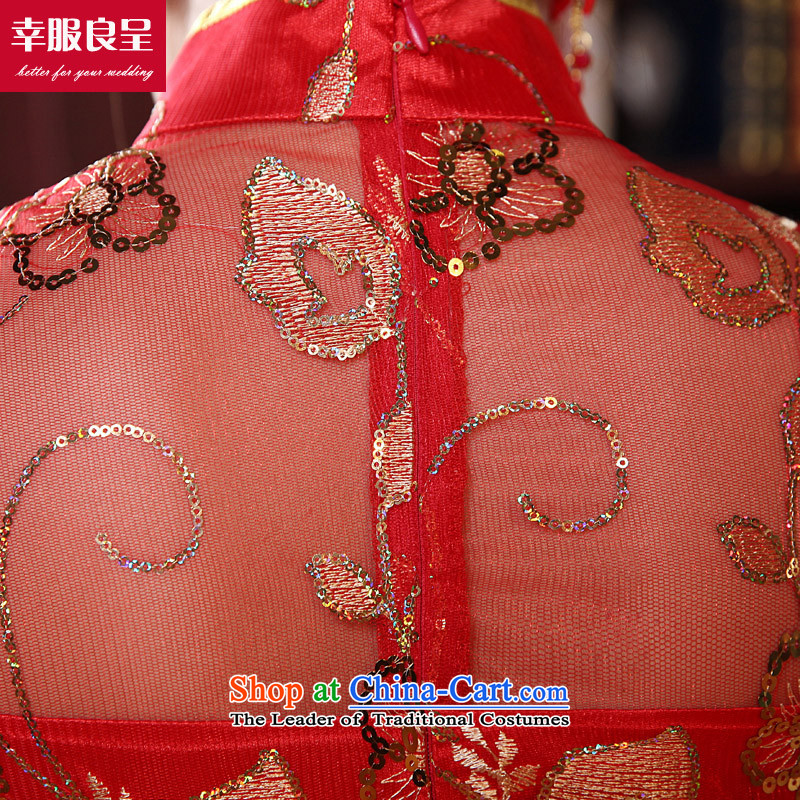 The privilege of serving the bride-leung cheongsam red Chinese wedding dress bows services improved short of the wedding dress autumn and winter in the lift mast cuff) + model with 26 Head Ornaments , M, a service-leung , , , shopping on the Internet