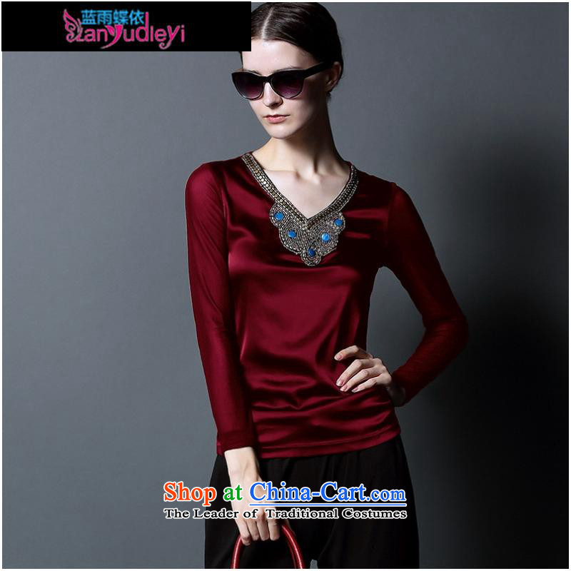 September Girl Store * apparel V-neck, forming the basis of silk shirt with stylish new fall sense of high-end, forming the shirt , gray long-sleeved T-shirt with blue rain Butterfly Shopping on the Internet has been pressed.