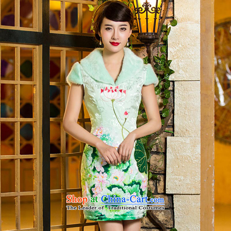 Eason Chan point new winter of 2015 Cotton Chinese ethnic folder retro hair collar cheongsam dress light green S, Eason Chan point , , , shopping on the Internet