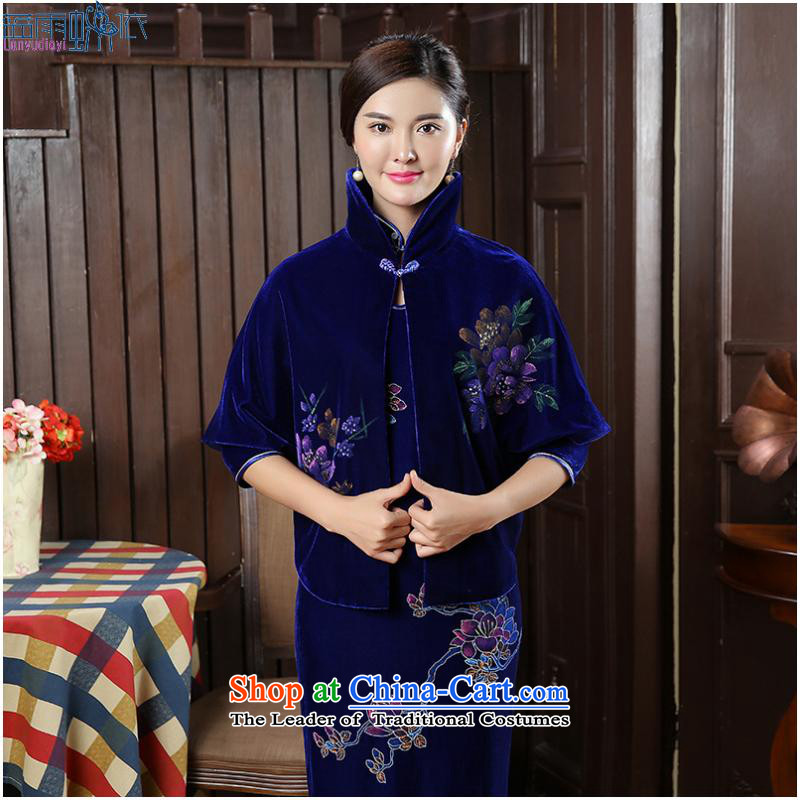 2015 with velvet shawl Tang dynasty and contemptuous of Mudan frock coat shirt with improved cheongsam, FZ BLUEXXL