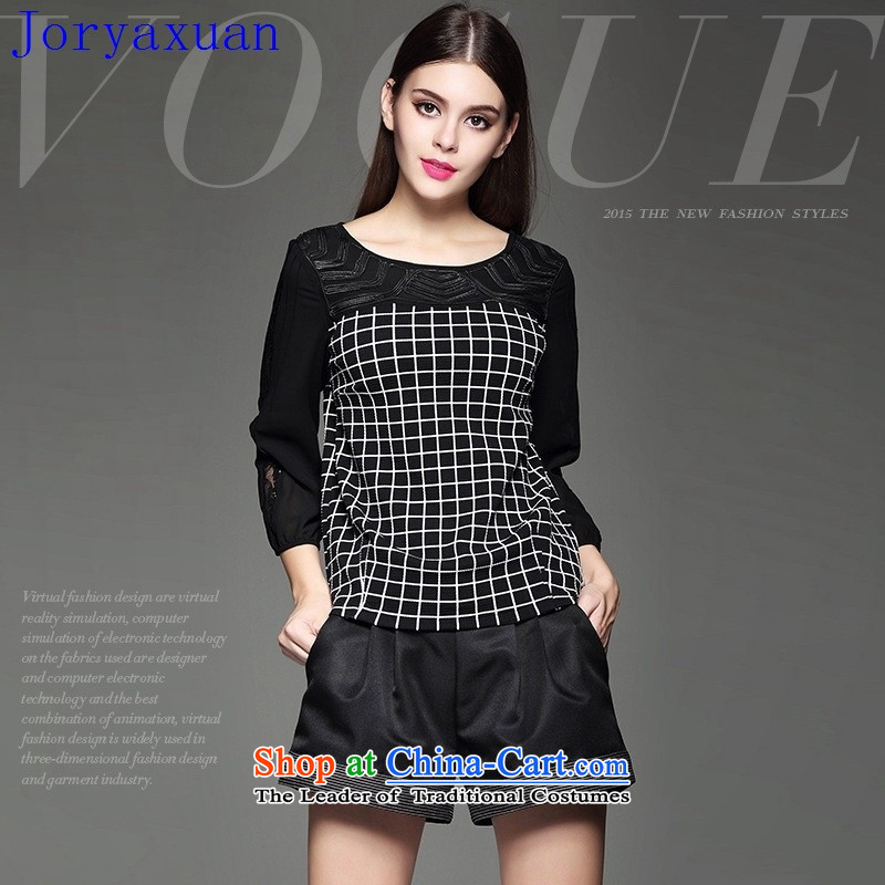 Deloitte Touche Tohmatsu Trade Shop Boxed autumn 2015 Autumn, a new women's personality lace stitching grid temperament shirt black black XL XL