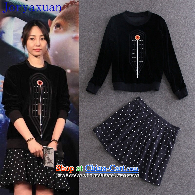 Deloitte Touche Tohmatsu Trade Shop Boxed autumn 2015 autumn, the new European Women in Europe site embroidery t-shirt + half scouring pads package R081816 skirt black?L