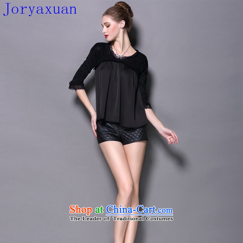 Deloitte Touche Tohmatsu Trade Shop Boxed autumn 2015 Autumn) New lace stitching fifth-sleeve t-shirt, forming the western female 桖 small black clothes and black T-shirt , Zhou Xuan Ya (joryaxuan) , , , shopping on the Internet