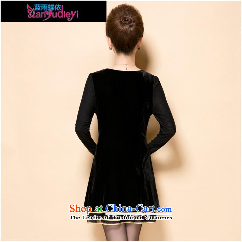 September Girl Store * Apparel Pack new autumn 2015 mother replacing embroidery embroidery Korean high-end temperament of older Kim scouring pads long-sleeved black skirt 4XL, blue rain butterfly according to , , , shopping on the Internet