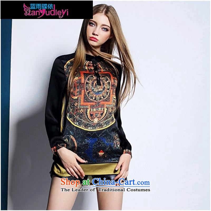 September Girl Store * dress in Europe 2015 Summer Code women loose T 桖 retro stitching stamp long-sleeved shirt , blue rain Picture Color Butterfly according to , , , shopping on the Internet