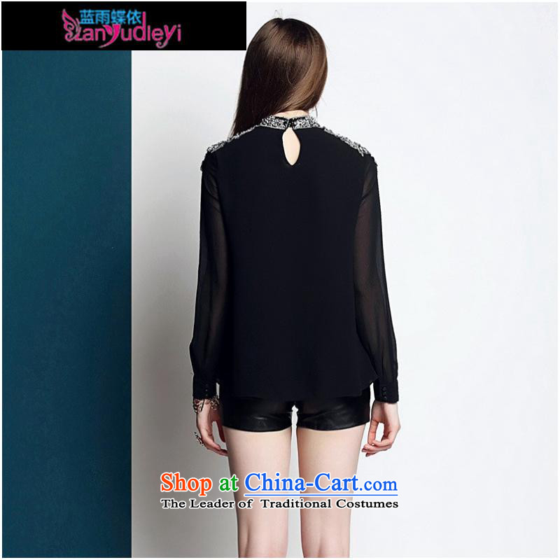 September Girl Store * dress in spring and summer 2015 Women's heavy industry staples black pearl sexy long sleeved shirt T-shirt , black T-shirt with blue rain Butterfly Shopping on the Internet has been pressed.