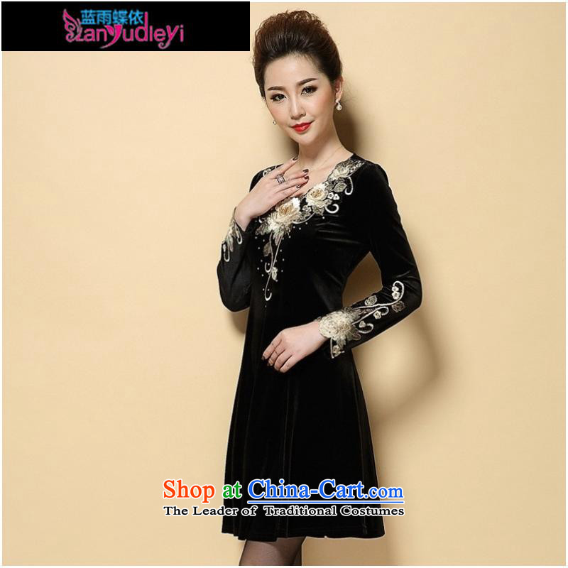 September Girl Store * 2015 Autumn new dress) large older embroidery Kim scouring pads long-sleeved Sau San dresses MOM Pack Black Large XXXXL, blue rain butterfly according to , , , shopping on the Internet
