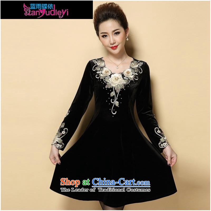 September Girl Store * 2015 Autumn new dress) large older embroidery Kim scouring pads long-sleeved Sau San dresses MOM Pack Black Large XXXXL, blue rain butterfly according to , , , shopping on the Internet