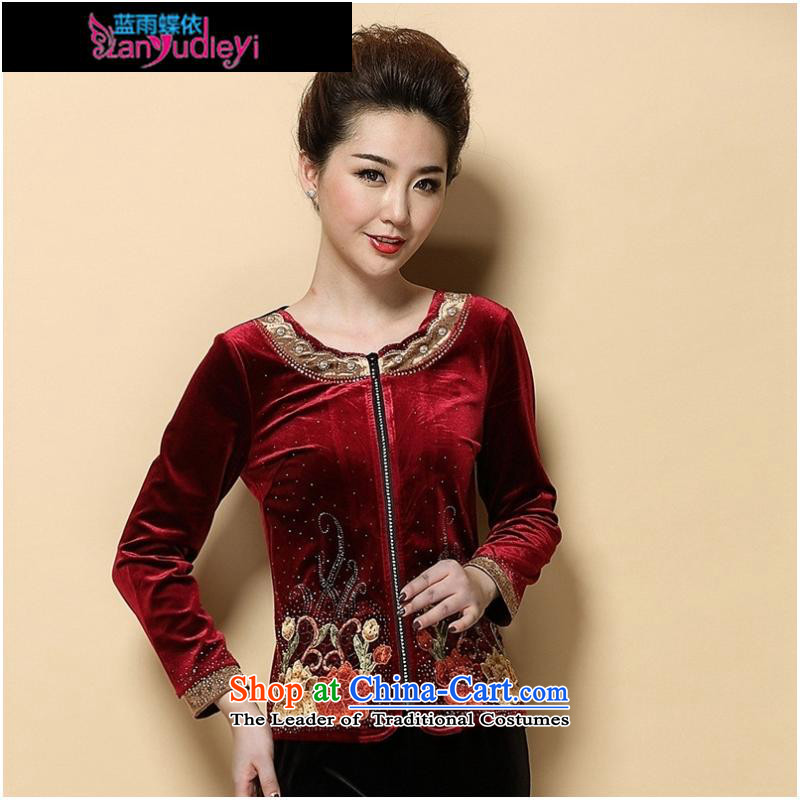 September Girl Store * 2015 Autumn new dress) Older women's gold t-shirt with round collar wool long-sleeved blouses mother wine red M Blue rain butterfly according to , , , shopping on the Internet