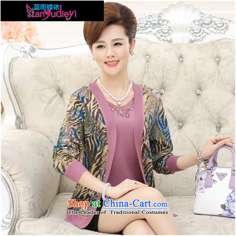 September Girl Store * 2015 Autumn new dress) Older women Knitted Shirt Cardigan really two kits women's long-sleeved sweater with leather powder ,L,mother blue rain butterfly according to , , , shopping on the Internet