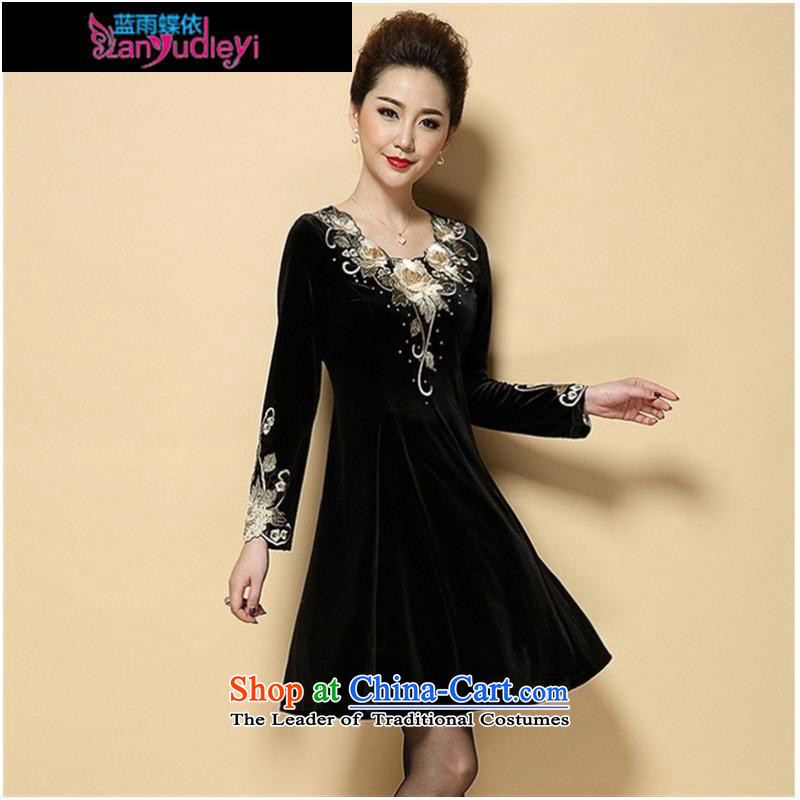 September Girl Store * 2015 Autumn new dress) large older embroidery Kim scouring pads long-sleeved Sau San dresses MOM pack black rain butterfly according to blue XXL, shopping on the Internet has been pressed.