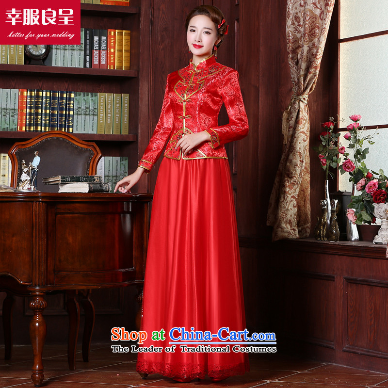 The privilege of serving the bride-leung bows services 2015 new boxed cheongsam dress-Soo Choo Wo Long service of Chinese wedding dress red wedding dress female 9 long-sleeved dress + model with 26 Head Ornaments , M, a service-leung , , , shopping on the