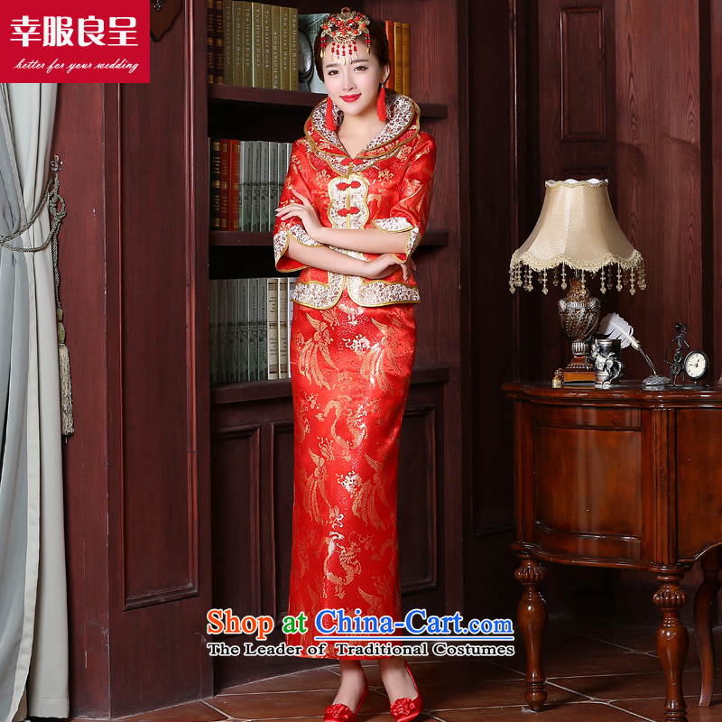 The privilege of serving the bride-leung bows to Chinese wedding dresses marriage red large stylish wedding dress code 2015 new autumn and winter long sleeve length of 7 to the establishment of a model with + 68 Head Ornaments , L, a service-leung , , , s