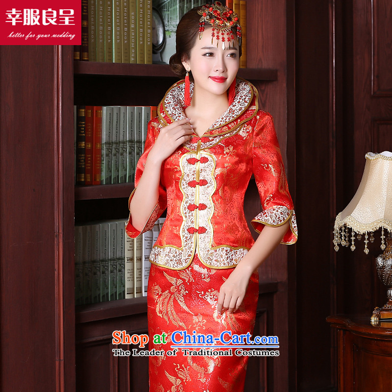 The privilege of serving the bride-leung bows to Chinese wedding dresses marriage red large stylish wedding dress code 2015 new autumn and winter long sleeve length of 7 to the establishment of a model with + 68 Head Ornaments , L, a service-leung , , , s