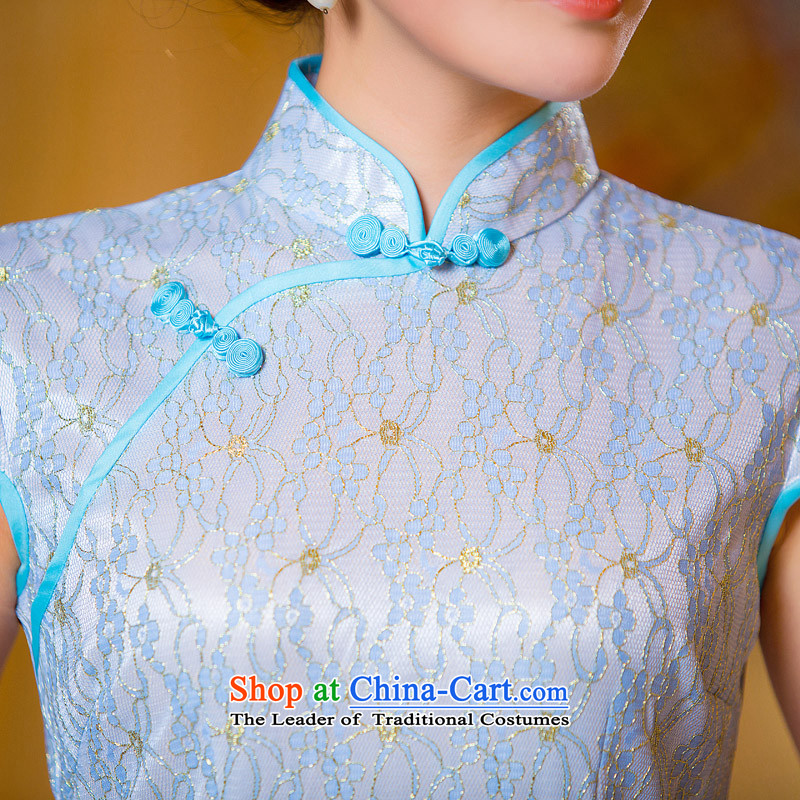 Time the new 2015 Syria qipao light blue retro-to-day short skirts, improved qipao cheongsam dress video thin light blue , L, Syria has been pressed time shopping on the Internet