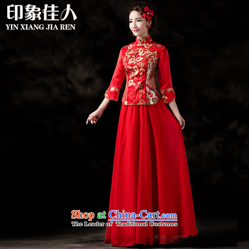 Starring impression wedding dress bows services improved long 2015 qipao autumn and winter new bride long-sleeved Chinese wedding Soo-wo service Tang Dynasty to the dragon use S, starring impression shopping on the Internet has been pressed.