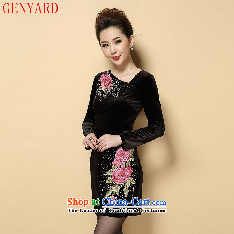 The fall in the number of older mother GENYARD2015 decorated in a thin gold velour long-sleeved graphics large embroidered in long skirt black large code XXXXL,GENYARD,,, shopping on the Internet