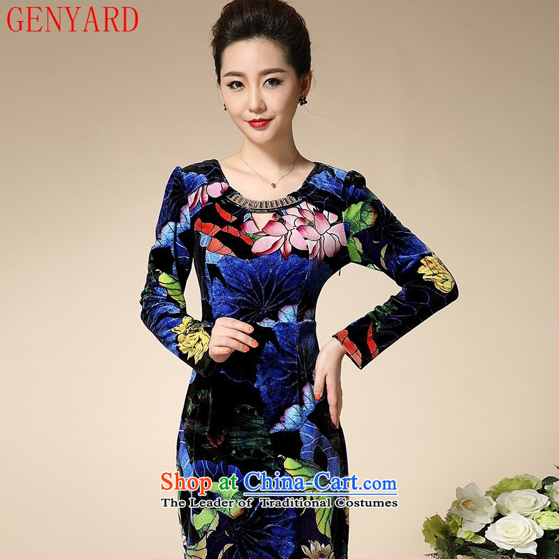 Load New GENYARD2015 autumn upscale Kim scouring pads for larger 40-50 in long-sleeved elderly mother replacing dresses blue M,GENYARD,,, shopping on the Internet