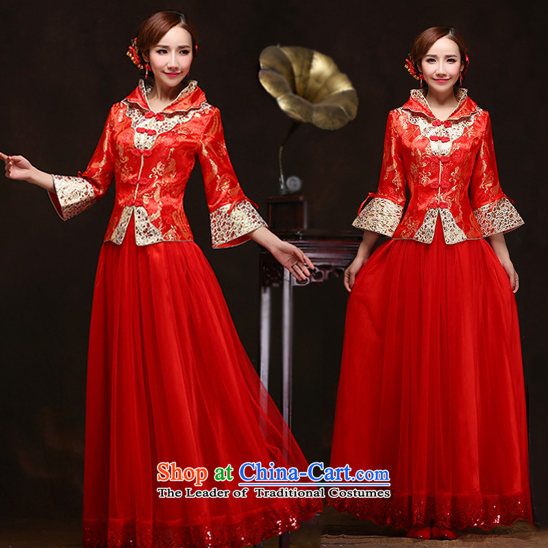The new 2015 autumn and winter chinese red color bride wedding dress Sau Wo service long qipao bows large service long-sleeved XL, in accordance with the Lena (YILAINA) , , , shopping on the Internet