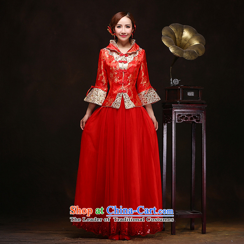 The new 2015 autumn and winter chinese red color bride wedding dress Sau Wo service long qipao bows large service long-sleeved XL, in accordance with the Lena (YILAINA) , , , shopping on the Internet