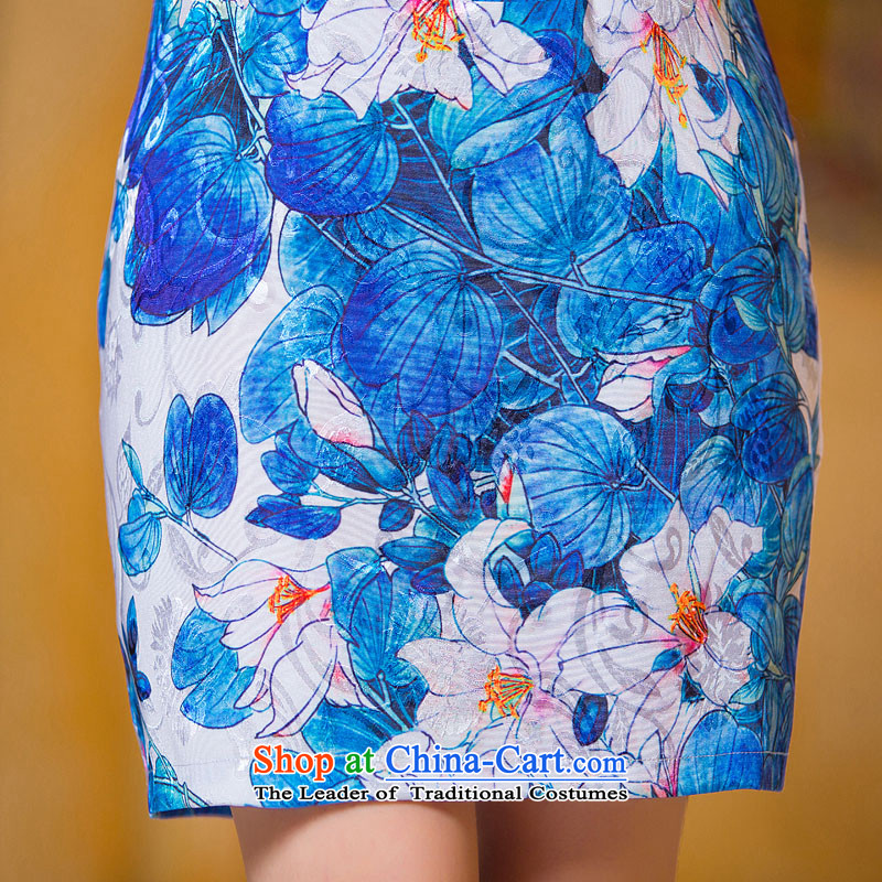 Time the  new 2015 Syria milk Silk Cheongsam, round-neck collar middle-aged female skirt suits and in Sau San package long time Syria has been pressed XXL, blue shopping on the Internet