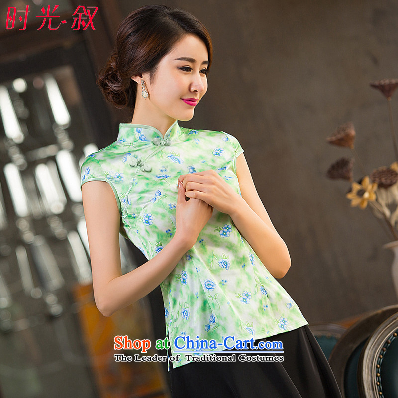 Time the?new 2015 Syrian women's short-sleeve female grass green shirt qipao Tang Dynasty Chinese tea art nouveau improved services Sau San green?XXL