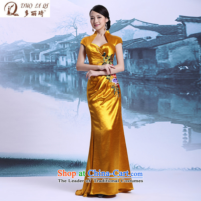 Doris Qi yellow long cheongsam dress improved?Yellow 1051?XL