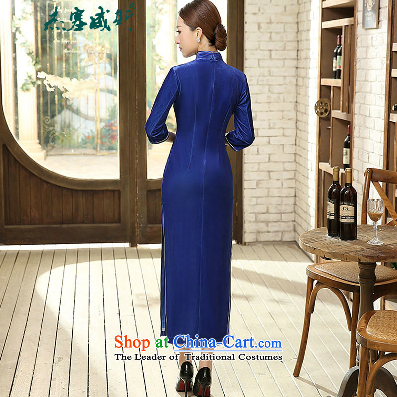 In the spring and autumn jie female Tang Dynasty Chinese cheongsam collar manually detained classical stretch of 7 gold velour long-sleeved cheongsam dress female blue XL, Cheng Kejie in Wisconsin, , , , shopping on the Internet