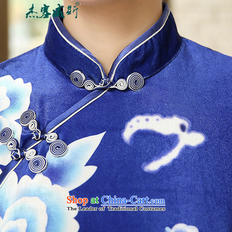 In the spring and autumn jie female Tang Dynasty Chinese cheongsam collar manually detained classical stretch of 7 gold velour long-sleeved cheongsam dress female blue XL, Cheng Kejie in Wisconsin, , , , shopping on the Internet