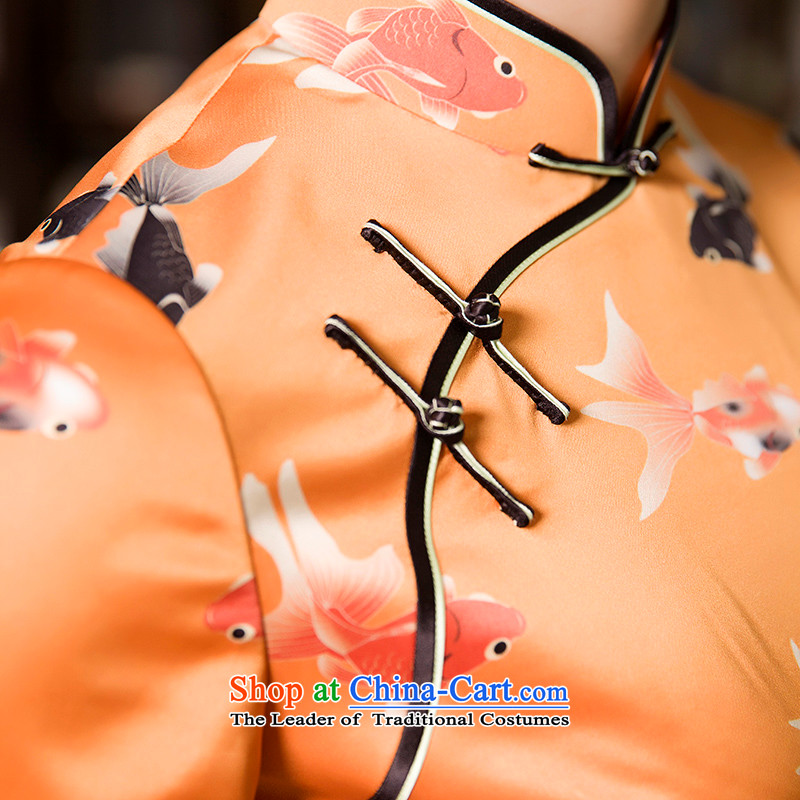The Wu female red high-end Fall/Winter Collections of Silk Cheongsam 2015 new daily in the Sau San Long Seven-sleeved cheongsam dress orange S, Wu female red , , , shopping on the Internet