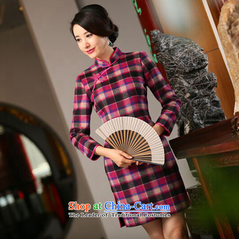 Mosaic of autumn and winter new wool? in long-sleeved QIPAO) Improved Stylish retro grid qipao cheongsam dress figure color L, floral shopping on the Internet has been pressed.