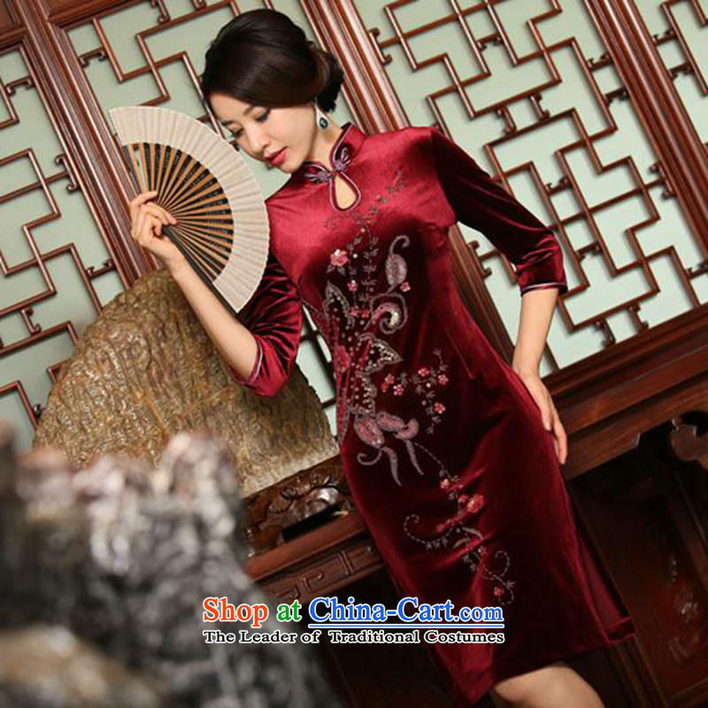 Floral autumn and winter female Chinese improved water droplets Mock-neck manually staple beads in seven cuff velvet long skirt figure color qipao S, floral shopping on the Internet has been pressed.